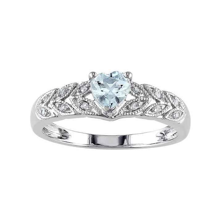Sterling Silver Aquamarine & Diamond Accent Heart & Leaf Ring, Women's, Size: 7, Blue