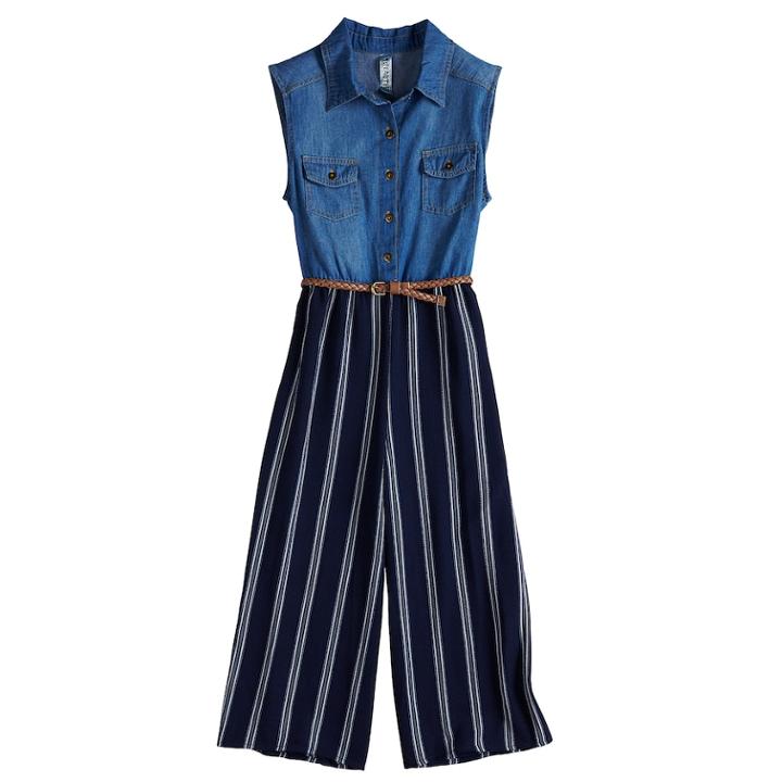 Girls 7-16 Knitworks Denim Bodice Belted Jumpsuit, Size: 12, Blue (navy)
