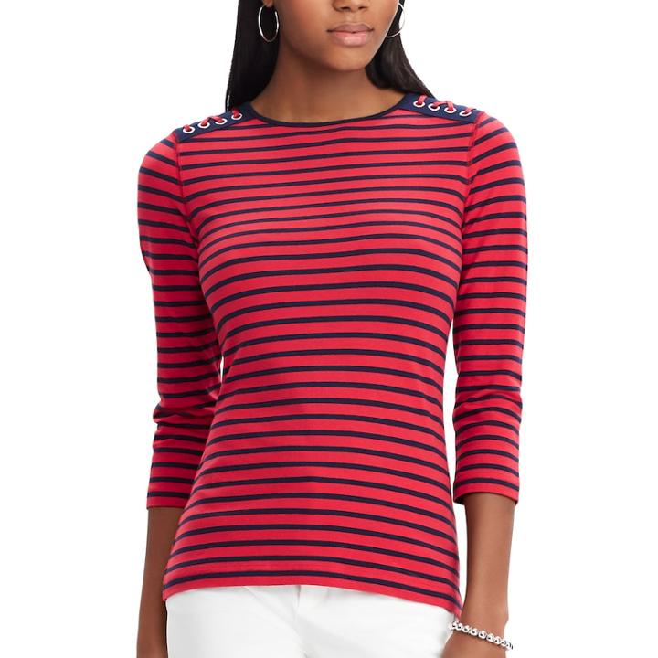 Women's Chaps Striped Lace-up Shoulder Top, Size: Medium, Red