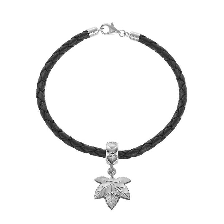 Logoart Sterling Silver & Leather Alpha Phi Sorority Ivy Leaf Bracelet, Women's, Size: 7.5, Grey