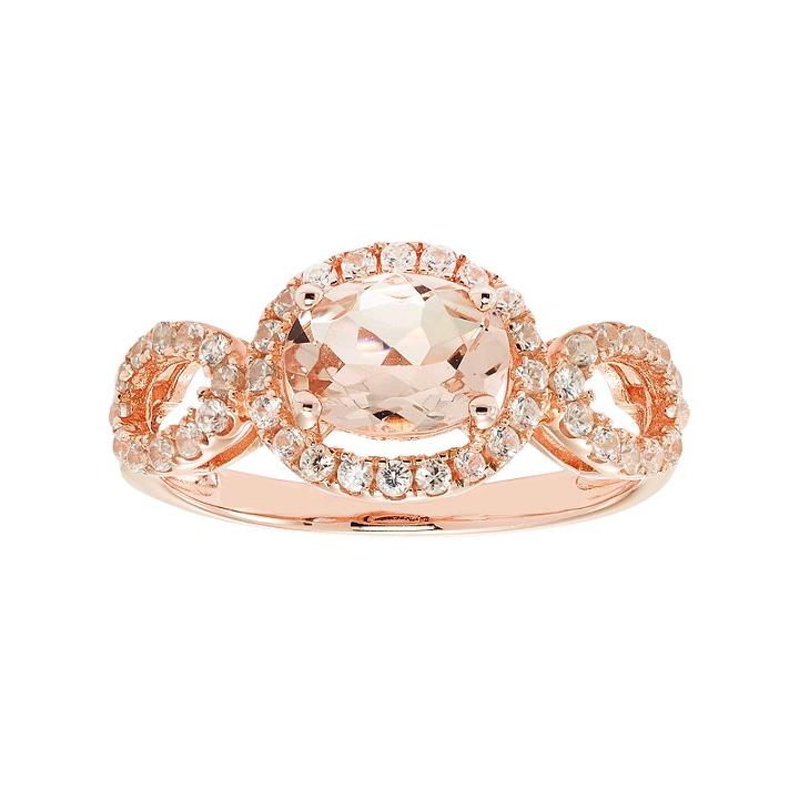 14k Rose Gold Over Silver Morganite & White Zircon Oval Halo Ring, Women's, Size: 6, Pink