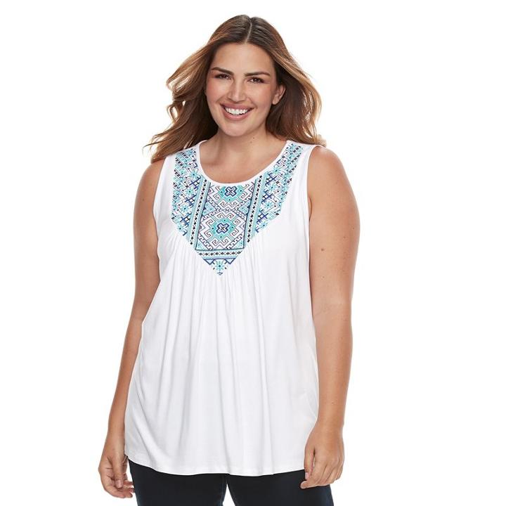 Plus Size Croft & Barrow&reg; Embroidered-bib Tank, Women's, Size: 1xl, White