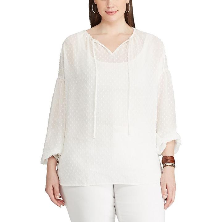 Plus Size Chaps Tonal Dot Peasant Top, Women's, Size: 3xl, White