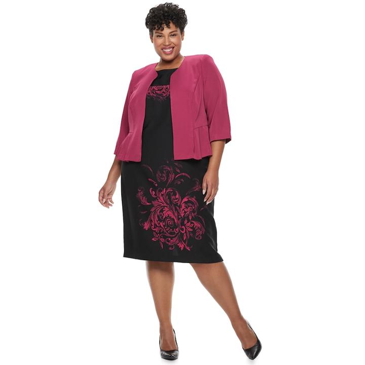 Plus Size Maya Brooke Scroll Dress & Jacket Set, Women's, Size: 14 W, Black