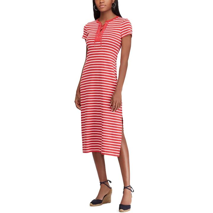 Women's Chaps Lace-up Striped Midi Dress, Size: Xl, Red