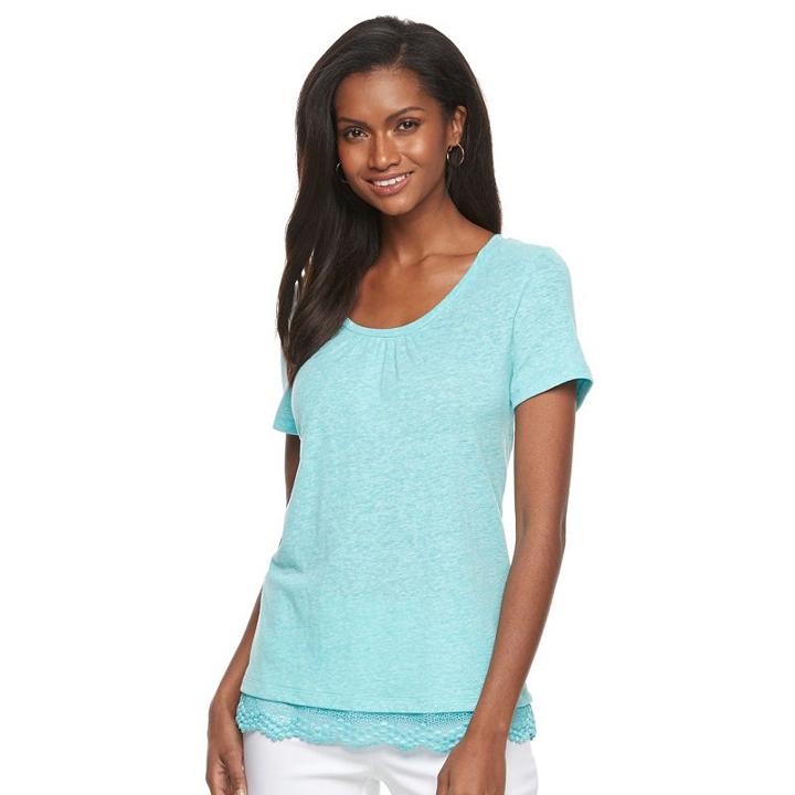 Women's Croft & Barrow&reg; Lace Hem Linen Tee, Size: Xxl, Turquoise/blue (turq/aqua)