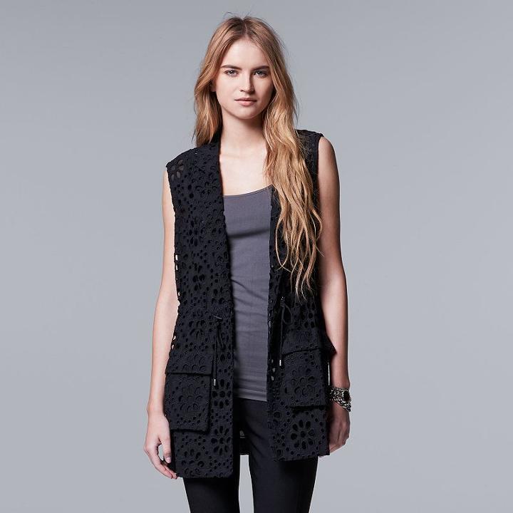 Women's Simply Vera Vera Wang Eyelet Vest, Size: Large, Black