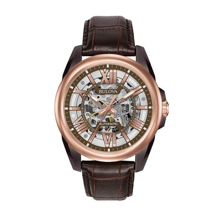 Bulova Men's Leather Automatic Skeleton Watch - 98a165, Brown