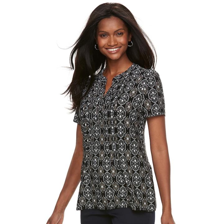 Women's Croft & Barrow® Jacquard Pintuck Henley Top, Size: Xxl, Black