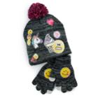Girls 4-16 Emoji Hat & Gloves Set, Black