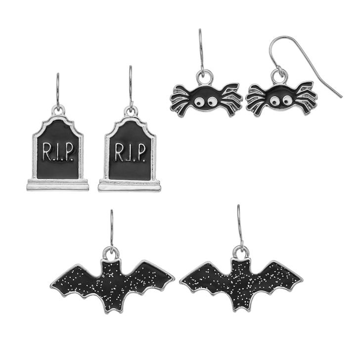 Bat, Tombstone & Spider Nickel Free Drop Earring Set, Women's, Black