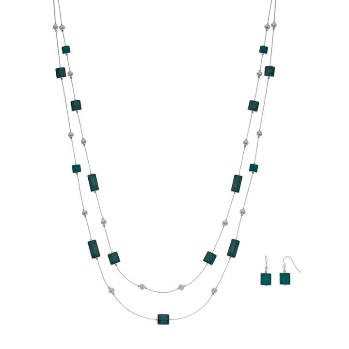 Long Green Swirling Double Strand Station Necklace & Earring Set, Women's