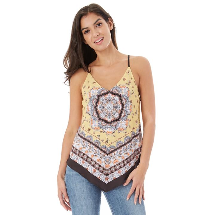 Juniors' Iz Byer Print V-hem Tank, Teens, Size: Medium, Black Yellow