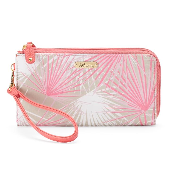 Buxton Tropical Palms Double L-zip Wallet, Women's, Light Red