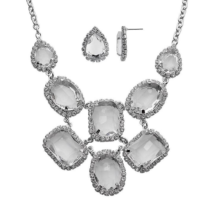 Crystal Allure Teardrop Bib Necklace And Stud Earring Set, Women's, Size: 18, White