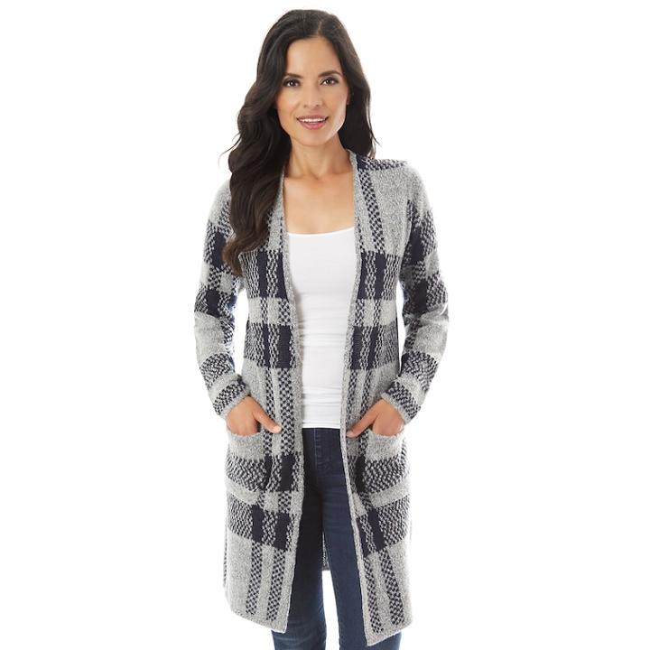 Women's Apt. 9&reg; Striped Long Cardigan, Size: Large, Navy Plaid