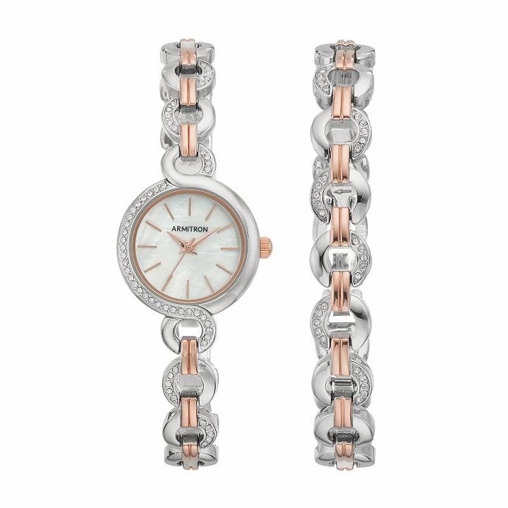 Armitron Women's Crystal Two Tone Stainless Steel Watch & Bracelet Set - 75/5485mptrst, Multicolor