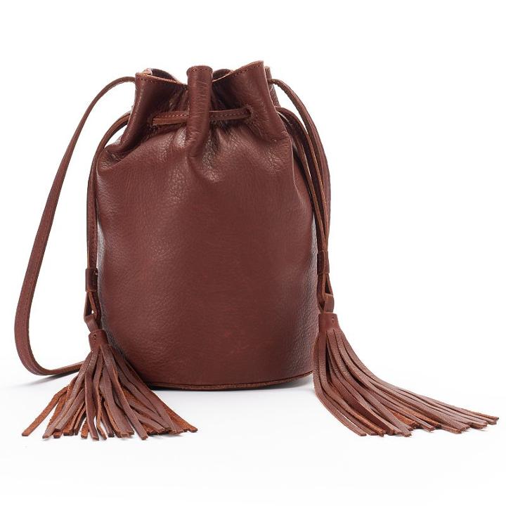 Fringe Crossbody Leather Bucket Bag, Women's, Drk Purple