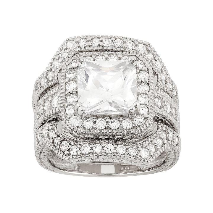 Cubic Zirconia Halo Engagement Ring Set In Sterling Silver, Women's, Size: 6, White