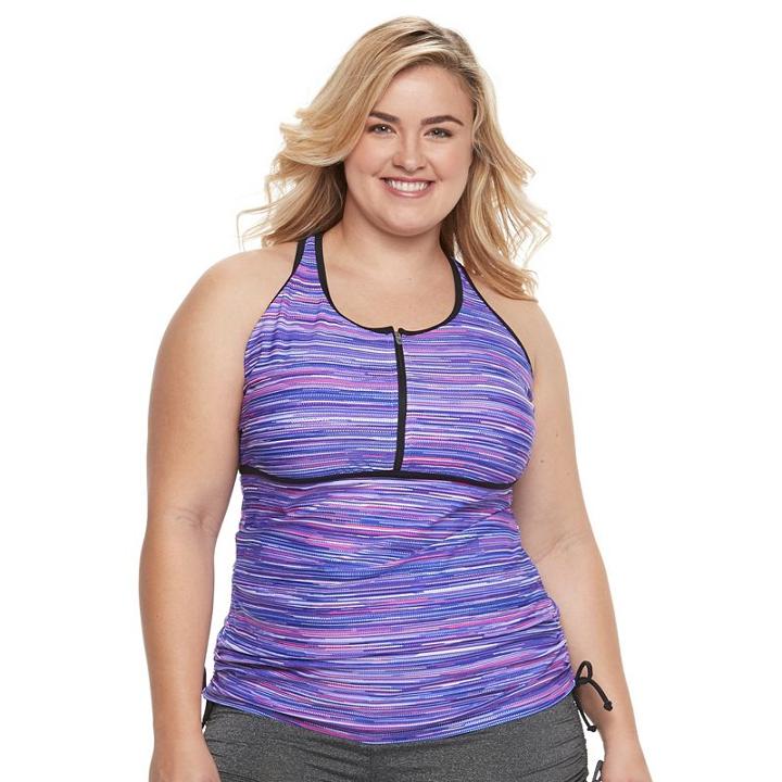 Plus Size Free Country Printed Quarter-zip Tankini Top, Women's, Size: 3xl, Purple Oth