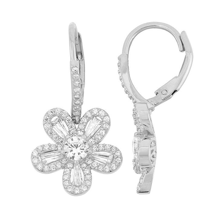 Sterling Silver Lab-created White Sapphire Flower Drop Earrings, Women's