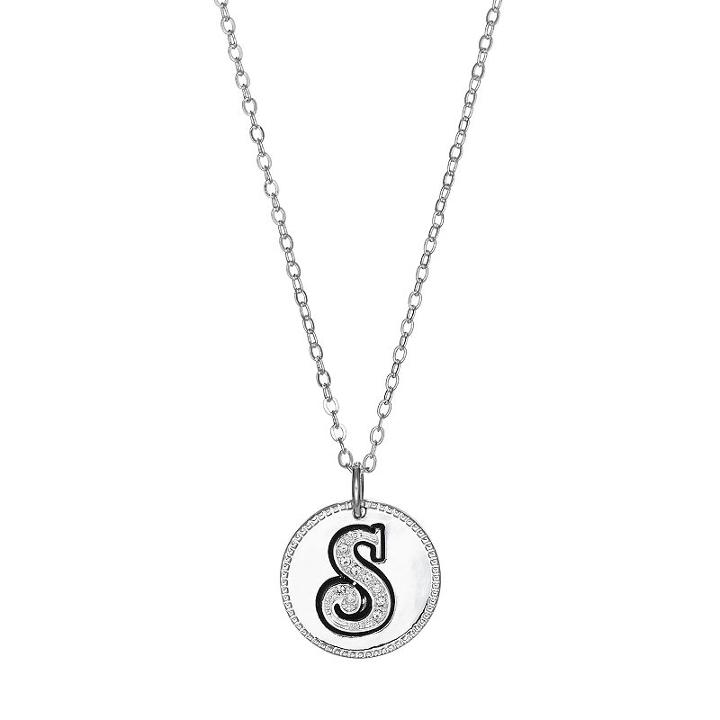 Silver Plated Crystal Initial Disc Pendant Necklace, Women's, Grey