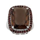 Sterling Silver Smoky Quartz And Garnet Halo Ring, Adult Unisex, Size: 5, Multicolor
