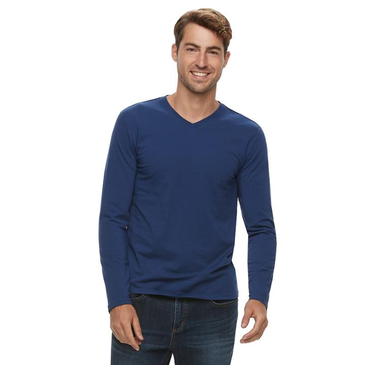 Men's Apt. 9&reg; Premier Flex Solid V-neck Tee, Size: Large, Blue