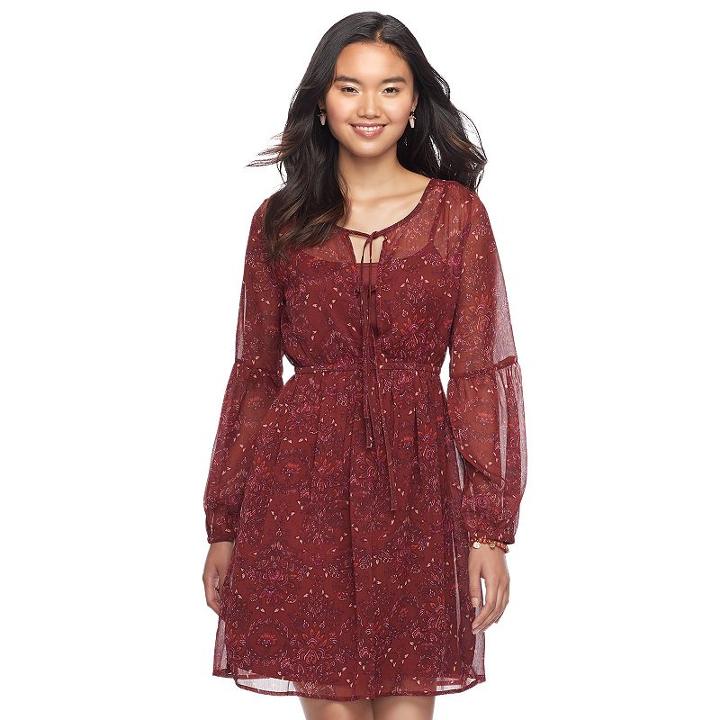 Juniors' Mudd&reg; Print Tie Front Chiffon Dress, Teens, Size: Small, Brown