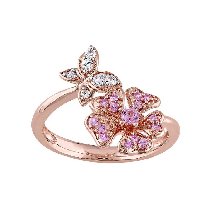 Laura Ashley Sterling Silver Pink & White Sapphire Butterfly & Flower Ring, Women's, Size: 7