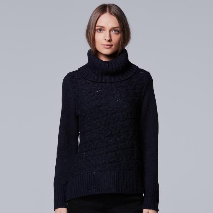 Women's Simply Vera Vera Wang Cable Knit Turtleneck Sweater, Size: Medium, Blue (navy)