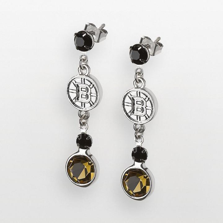 Logoart Boston Bruins Silver Tone Crystal Logo Linear Drop Earrings, Women's, Multicolor