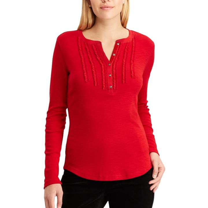 Women's Chaps Ruffle-trim Henley, Size: Medium, Red