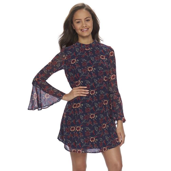 Juniors' Speechless Mockneck Bell Sleeve Print Dress, Girl's, Size: Medium, Blue Other