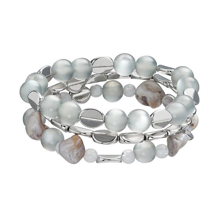 Disc & Bead Stretch Bracelet Set, Women's, Med Grey