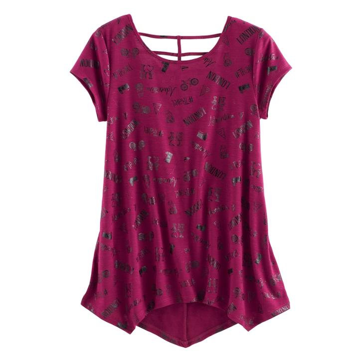 Girls Plus Size So&reg; Patterned Cageback Handkerchief Hem Legging Tee, Size: 12 1/2, Med Purple