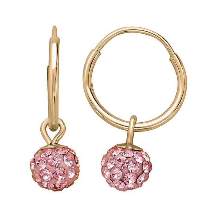 14k Gold Pink Crystal Ball Hoop Earrings - Kids, Girl's