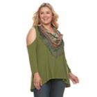 Plus Size World Unity Cold Shoulder Top With Tassle Scarf, Women's, Size: 3xl, Green Oth