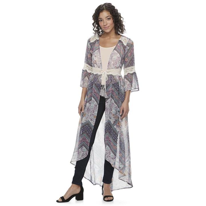 Juniors' Mason & Belle Sheer Floral Long Cardigan, Girl's, Size: Xl, Lt Purple
