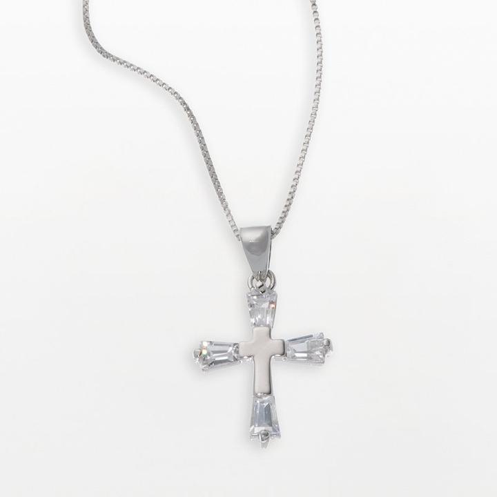 Sterling Silver Cubic Zirconia Baguette Cross Pendant, Women's, White