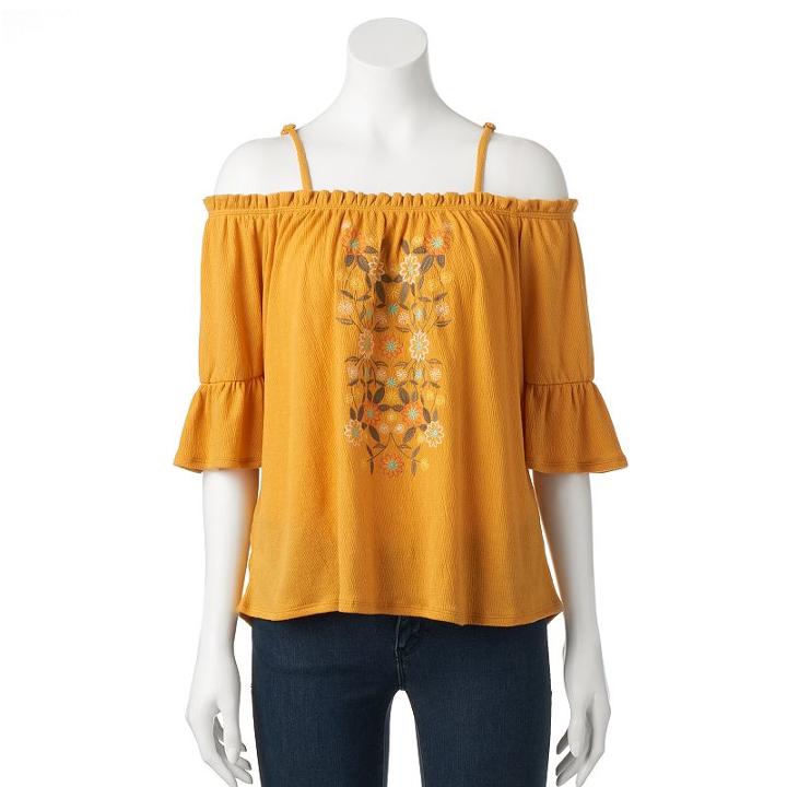 Juniors' Live To Be Spoiled Floral Off The Shoulder Top, Girl's, Size: Large, Drk Yellow