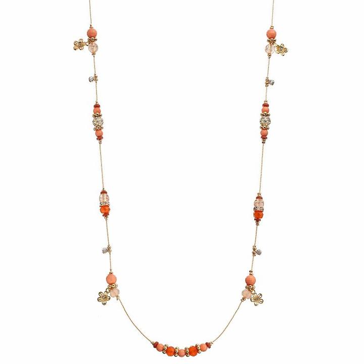 Peach Beaded Long Station Necklace, Women's, Pink Other