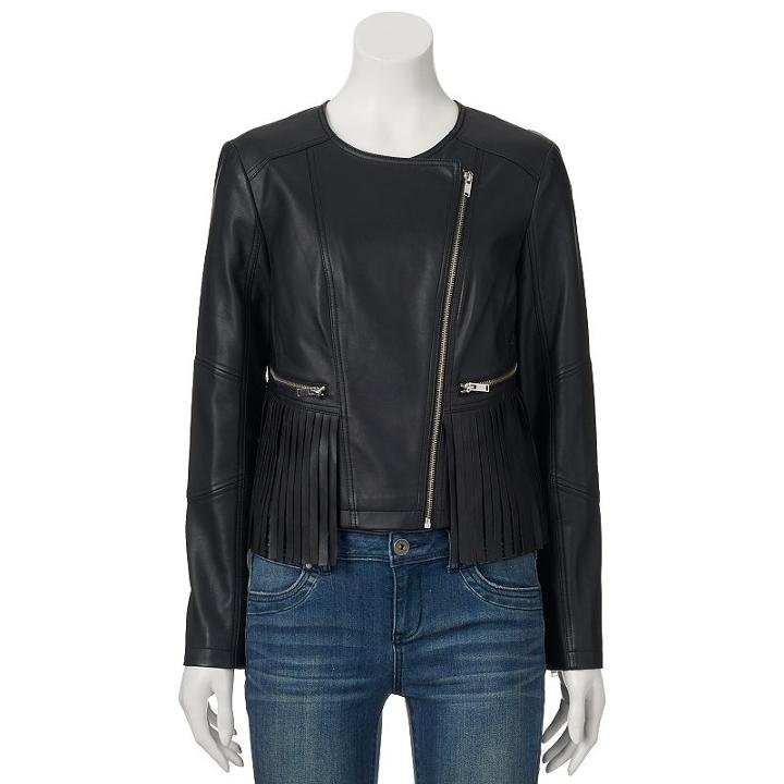 Juniors' Coffee Shop Fringed Faux-leather Moto Jacket, Girl's, Size: Xl, Black