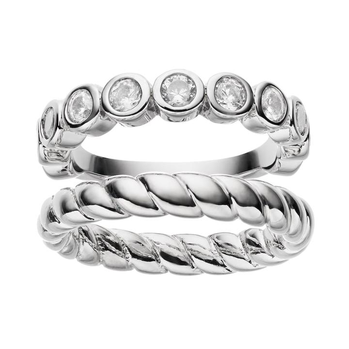 Cubic Zirconia Silver-plated Twisted Ring Set, Women's, White