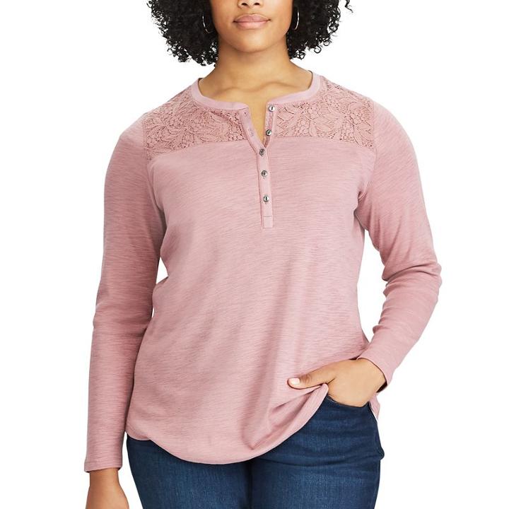 Plus Size Chaps Lace Yoke Henley Shirt, Women's, Size: 1xl, Pink