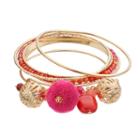 Beaded & Textured Pom Pom Charm Bangle Bracelet Set, Women's, Multicolor
