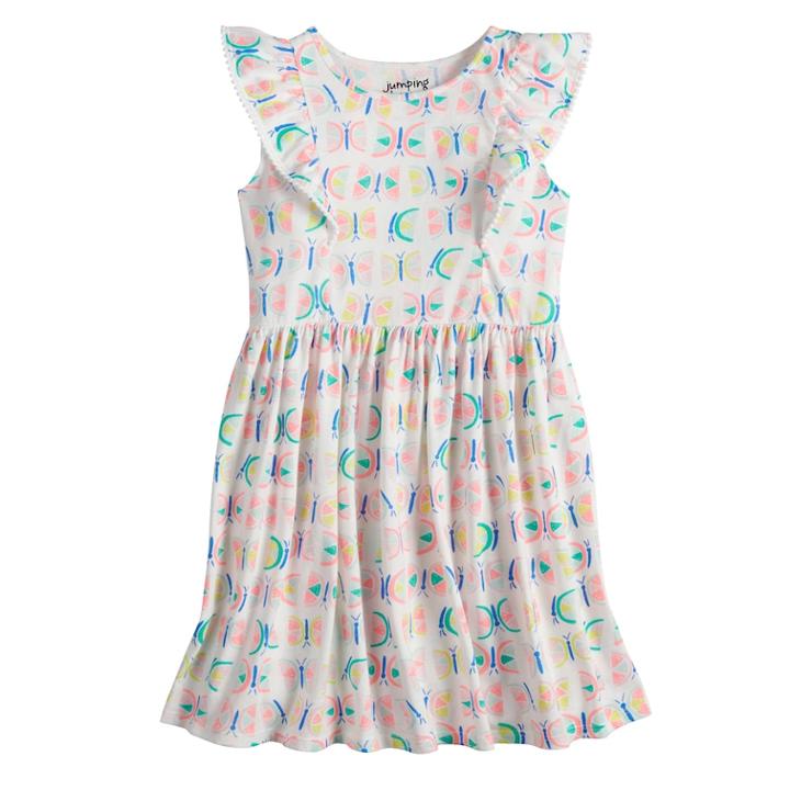 Girls 4-10 Jumping Beans&reg; Pom-pom Ruffle Trim Patterned Flutter Dress, Size: 6, Natural