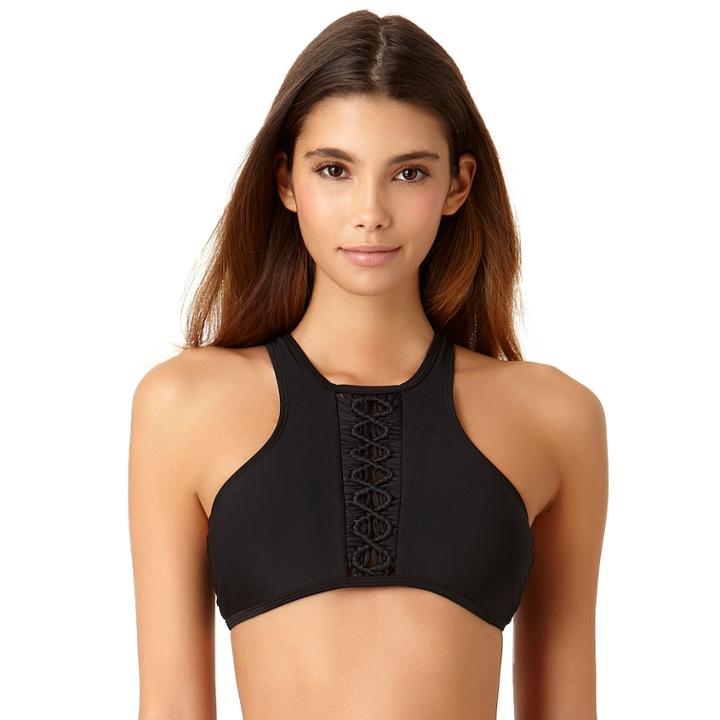 Juniors' California Sunshine Macrame High-neck Bikini Top, Women's, Size: Medium, Black