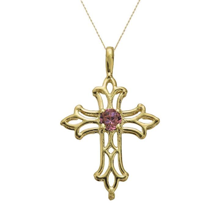 10k Gold Rhodolite Garnet Filigree Openwork Cross Pendant, Women's, Size: 18, Pink