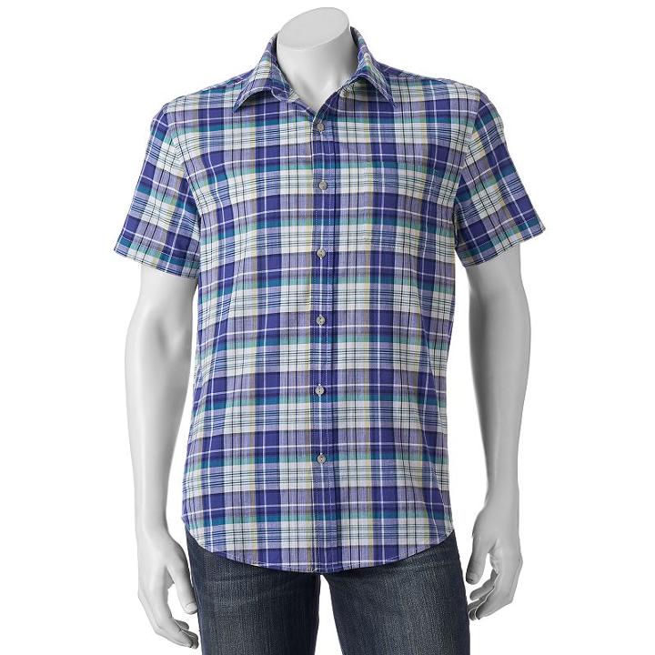 Sonoma Goods For Life, Men's &trade; Flexwear Modern-fit Plaid Stretch Button-down Shirt, Size: Xxl, Dark Blue
